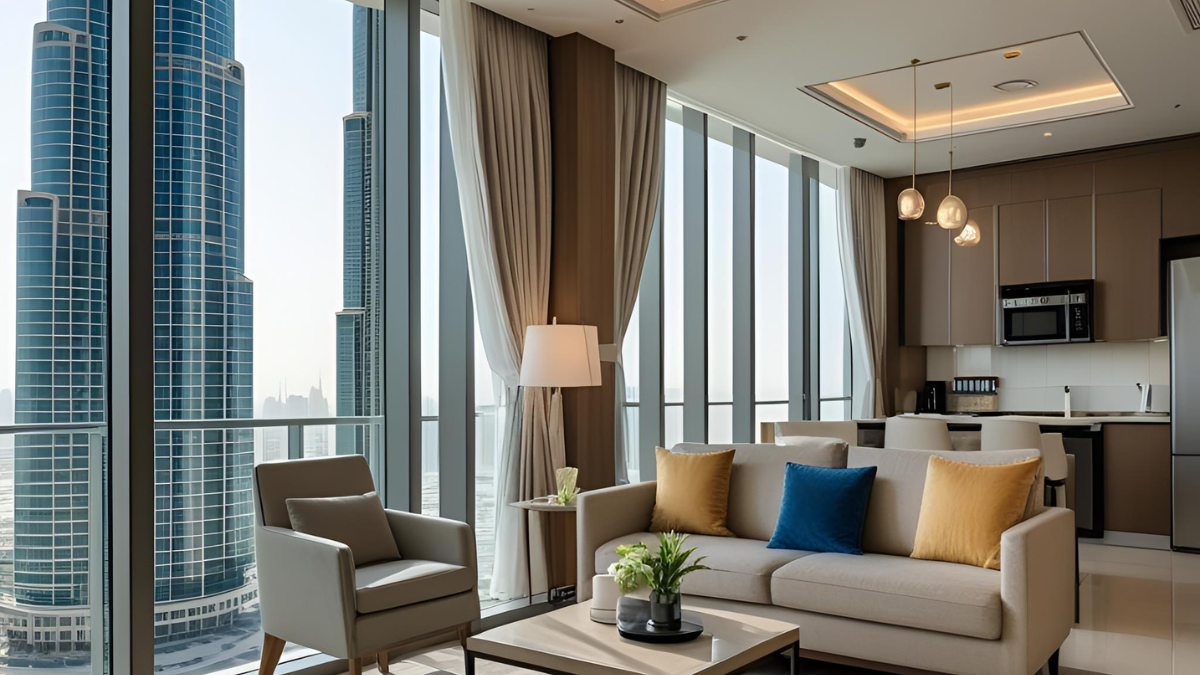 Interior view of a serviced apartment in Dubai with living area, kitchen, and Dubai skyline